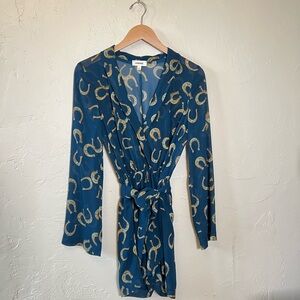 L’AGENCE Teal Gold Horseshoe Print Romper Size 2 Deep V Tie Waist